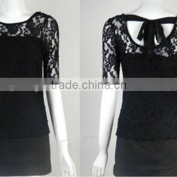 Best Sell fashion casual bow-back round neck black lace top