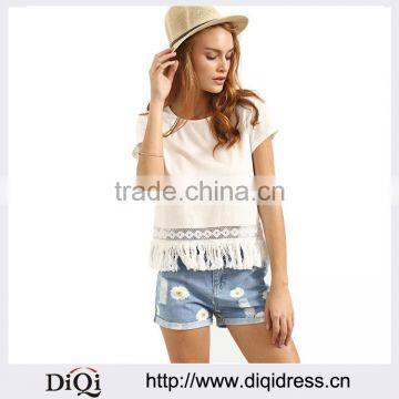 Ladies Casual Shirt New Arrival Cute 2018 Summer Style Women Top White Crew Neck Short Sleeve Tassel Hem Blouse