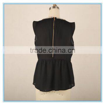 Ladies Chiffon Blouse Flounced Hem Pearl Beaded Neck Design Sleeveless Blouse photo-3