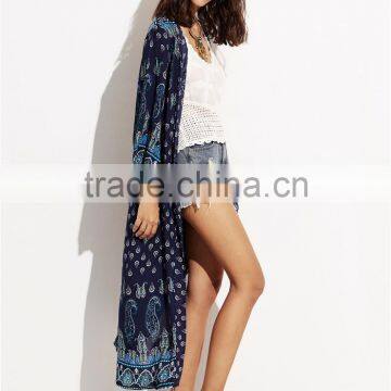 Custom Print Own Design Wholsale Bulk Women Fashion Beachwear Longline Navy Paisley Print Chiffon Kimono photo-5