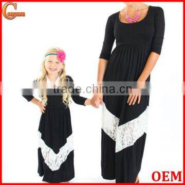 Latest 3/4sleeves back white mother and daughter dress design mommy and me maxi dress 2016