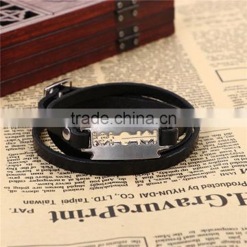 Real Leather Bangles Bracelets Silver Tone Black Razor Blade Adjustable