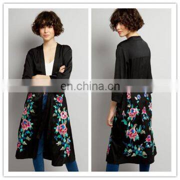 Wholesale casual blouse women Satin Black Floral Embroideried long Cardigan Kimono