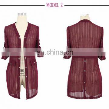 Stripe Jacquard Mesh See-Throught Old Women Long Cardigan Guangzhou Factory photo-5