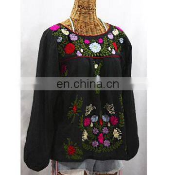 Mexican Full Sleeve Blouse Tunic Black 100 % Fabric Multi Embroidery Creative Popular Design Top Casual Wear Girl's Blouse's