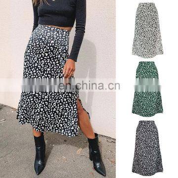 2020 Summer Women's Leopard Print Chiffon Print Split Skirt Sexy Zipper High Waist Midi A-line Swing Skirt