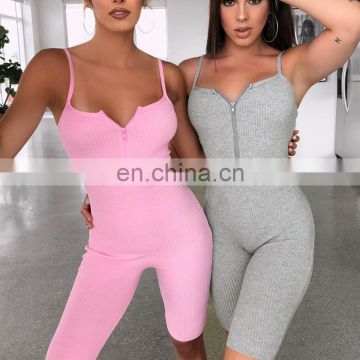 New Arrivals Best Sellers Summer Women Sexy V-Neck Sportswear Jumpsuit Ladies Bodycon Playsuit with Zippers