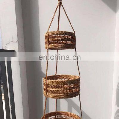 Hot SAle Rattan Wicker Hanging Fruit Basket Three Tiers, Handcrafted Fruit Bread Nuts Candies Storage Box Basket photo-2