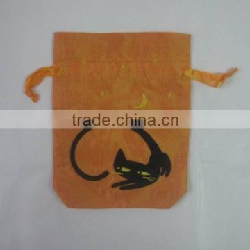 printed with a black cat yellow fabric present bags for candy/nuts packing fabric bags,Christmas printed velvet drawstring bag