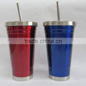 Tumbler, travel mug, vacuum double wall, stainless steel with straw