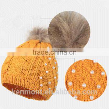 Cute Custom Warm Fur Top Ball Beanie Hats Ladies Knitted Winter Hat