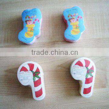 Christmas socks shape compressed compact cotton towel