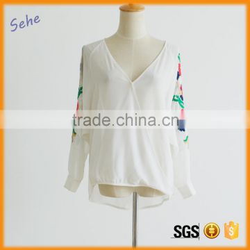 cross v-neck long sleeve embroider mature women white chiffon blouses                        
                                                                                Supplier's Choice