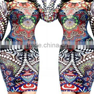 Women sexy night dress tribal tattoo printed night club wear bandage bodycon party dress