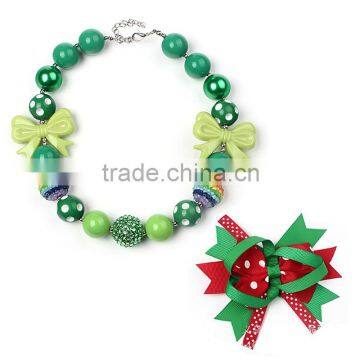 Green BubbleGum necklace with hairpin, chunky bead bowtie necklace,Baby party Jewelry 2016 wholesale