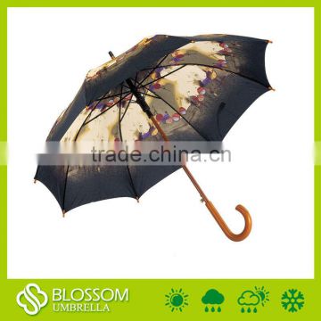 Oil painting features straight wooden umbrella