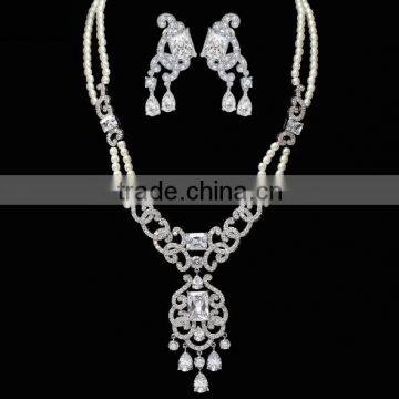 Platinum Plated Stylish Luxury Victorian Pearl Bridal Necklace Set With AAA+ Cubic Zircon Micro Pave Setting for Women