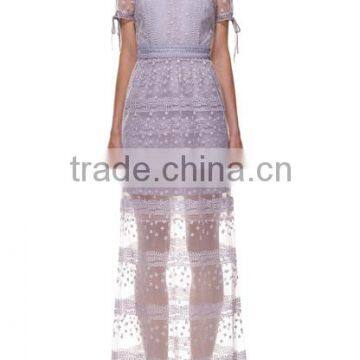Summer Fashion Purple Short Sleeve Sheer Mesh Embroidered Dress