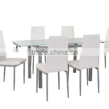 Extensional table in glass with 6 PU chairs, KD structure