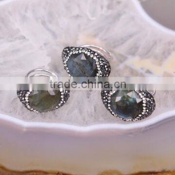 Natural Labradorite Ring, Metal Plated Silver Ring, Pave Setting Crystal Jewelry Finger Druzy Gem stone Ring