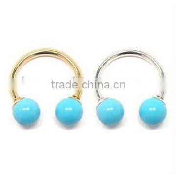 14K Gold Circular barbell with Turquoise balls, 14 Ga eyebrow jewelry