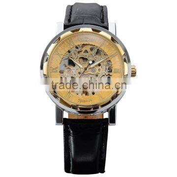 Winner Men Leather Gold Dial Skeleton Mechanical Watch