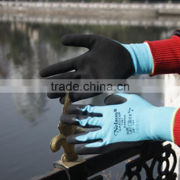 NMSAFETY 13 gague blue nylon liner coated black foam latex safety gloves/protective gloves