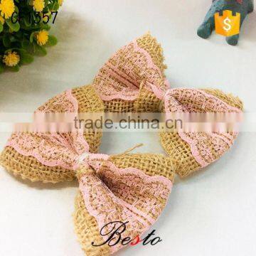 Factory wholesale pink lace center jute bow for girl dresses