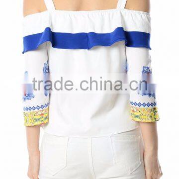 Fashion Design Women Printing Ruffle Tops Cold Shoulder Saree Blouse photo-5