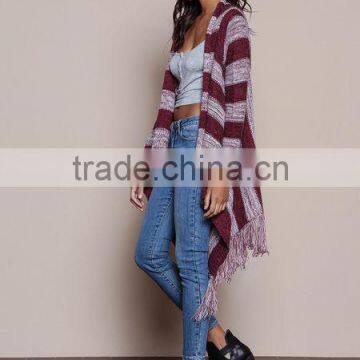 MGOO OEM Custom Burgundy Fringe Cardigan Mohair Striped Outwear Koreas Style Tassels Asymmetric Sweaters photo-4