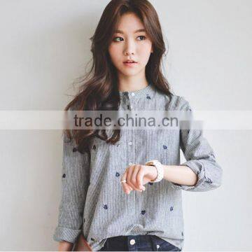 100 Cotton Comfortable Long Sleeve Leaves Embroidery Striped Shirts for Women Stand Collar Shirts photo-4