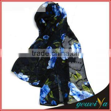 Black Flower Printing Chiffon Round Neck Scarf