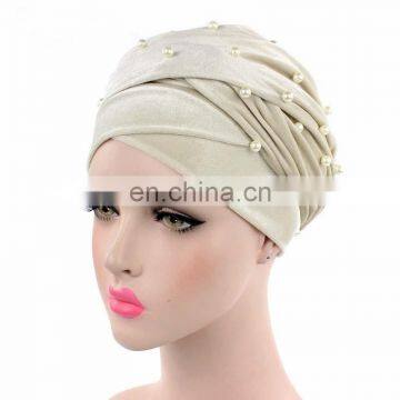 Velvet Pearl Turban Hat Scarf Winter Hat Muslim long Tail Cap