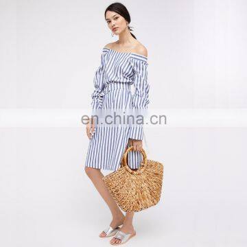 2017 new fashion design women waist tie striped off shoulder dress with long sleeve