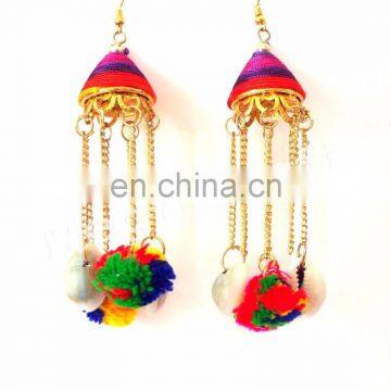 Pom Pom Jhumka Earrings-Pom Pom Drop Earrings-Multicolor Chain Pom Pom Earrings-BOHO Tribal Pom Pom Bell Earrings photo-5