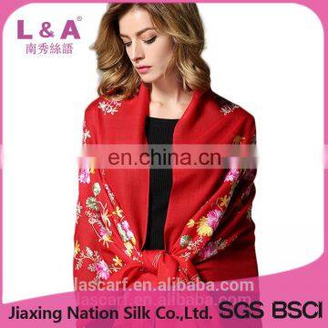 Embroidered Wool Scarf for Women Red