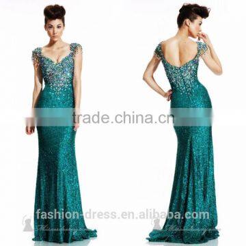 2014 New Cap Sleeve Low Back Crystal Sequins Evening Dress