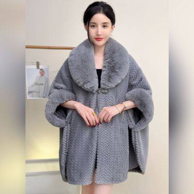 High-end solid color large fur collar shawl coat plush thickened warm medium length large size loose cape cardigan