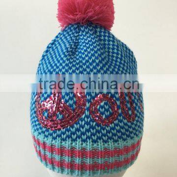 Hot salling designer knitted hat sequins embroidery hat emoji peace pattern for teenages and ladies