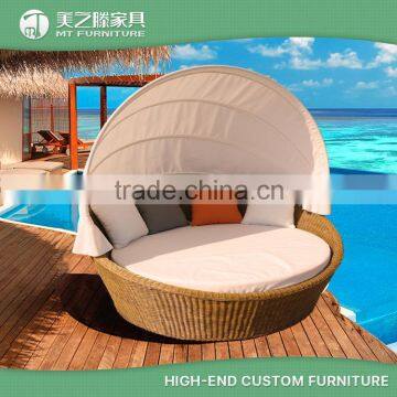 Waterproof round rattan wicker sofa bed sun lounger garden chaise lounge with canopy and shade