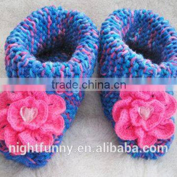 Blue multi-color knit slippers,crochet beaded pink flower,Alaskan Wild Rose,wife mom sister daughter wife gift,baby shoes