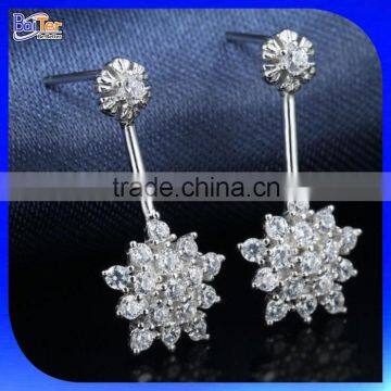 Rhodium Plated Clear Cut Flawless Cubic Zirconia Claw Snowflake Dangle Earrings With AAA Cubic Zircon