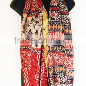 Printed Kantha Stole Silk Scarves Woman's Hand Block Kantha Scarves