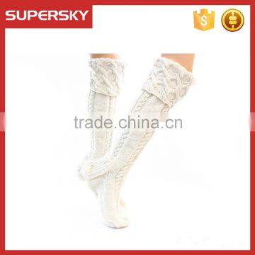 W005 Cream Chunky knit knee high house wool sock