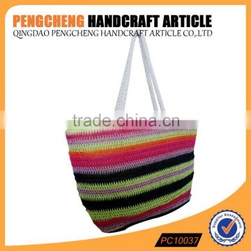 Colorful rainbow color paper straw stripe should bag cotton handle women shopping handbags