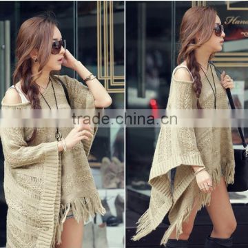 2015 New loose fat MM hollow out cloak tassel batwing coat knitting sweater shawl irregular smock