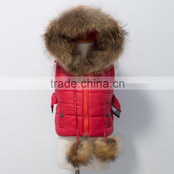 children down vest with fox fur hood and fur pompoms