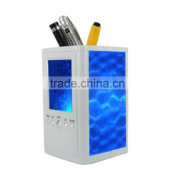 blue backlight digital lcd cube penholder clock