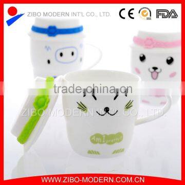 high white ceramic coffee mug with printing and lid