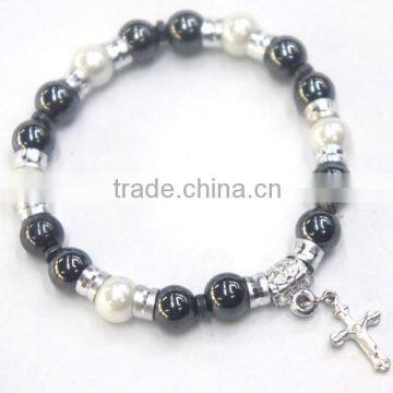 non-magnetic hematite bracelet with cross,beaded stretch bracelet with cross,catholic dead rosary bracelet